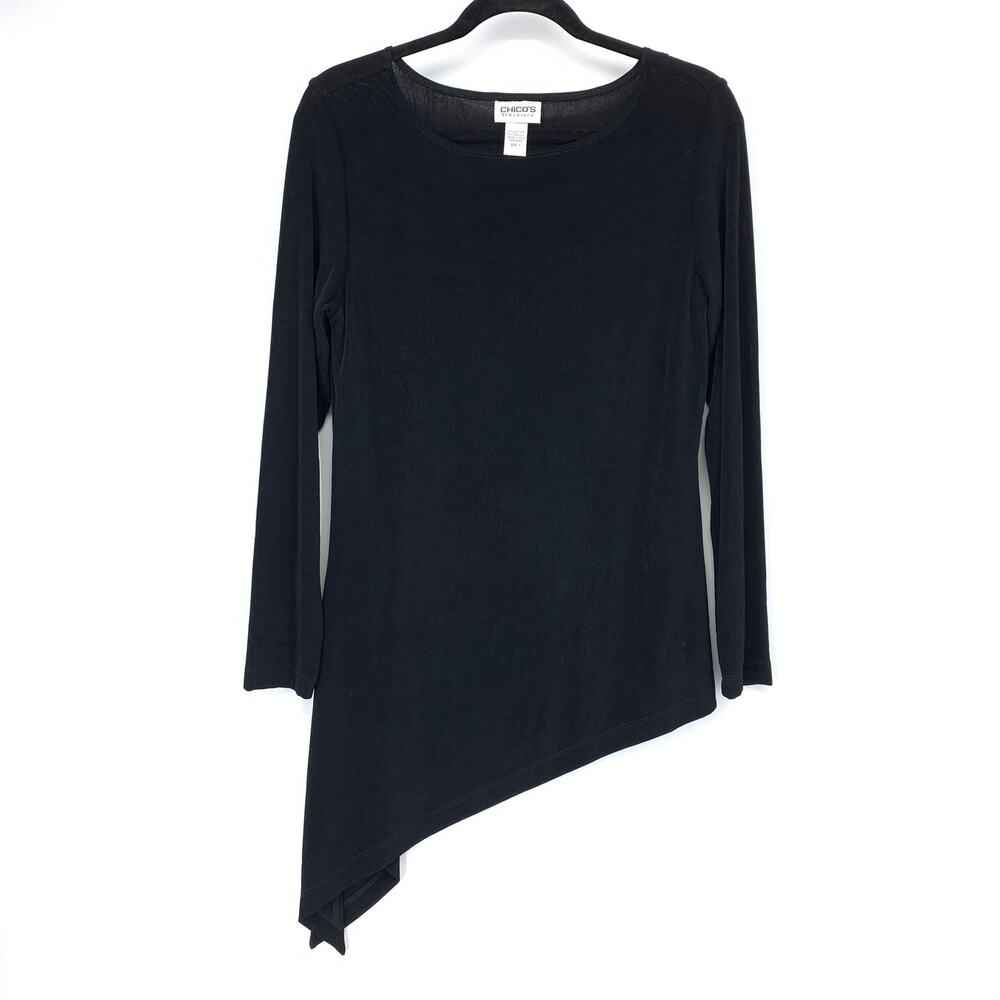 Chicos Travelers Asymmetrical Hem Long Sleeve Top Womens Size 1 US M Black